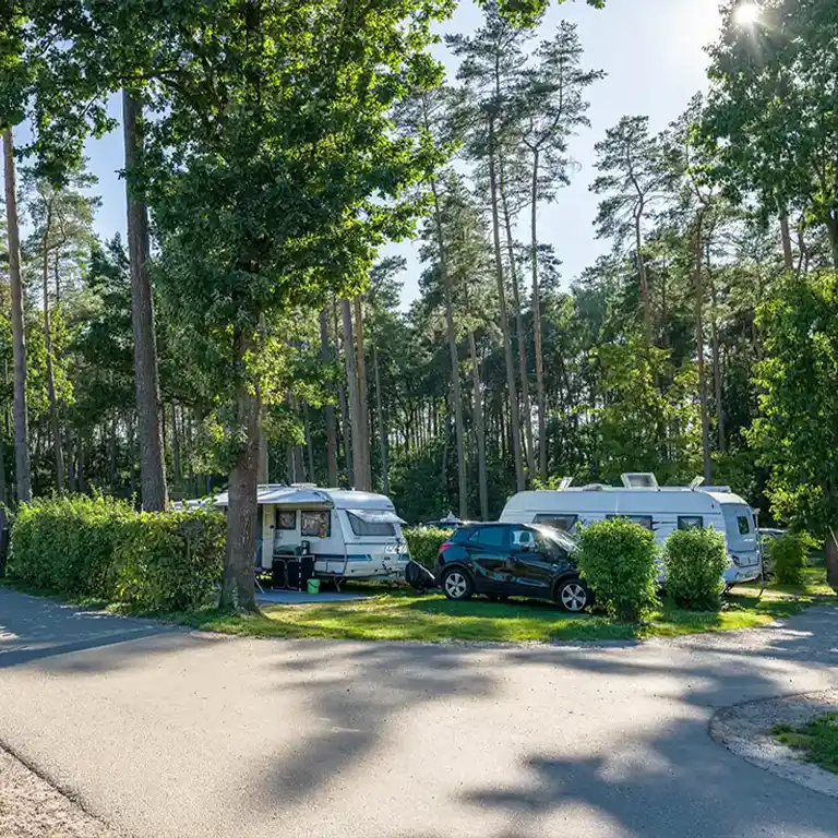 Unsere Campinggebiete im Südsee-Camp Luftaufnahme vom Südsee-Camp in der Lüneburger Heide mit großem Badesee, Sandstrand, Stellplätzen für Wohnwagen und Wohnmobile sowie umgebenem Wald – familienfreundlicher Campingplatz mit Natur und Freizeitangebot
