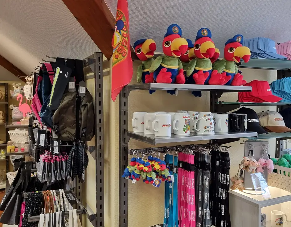 Shops im Südsee-Camp Souvenirs im Südsee-Trends Shop im Südsee-Camp – Campino-Stofftiere, Tassen, Schlüsselanhänger, Basecaps und Rucksäcke in buntem Regal
