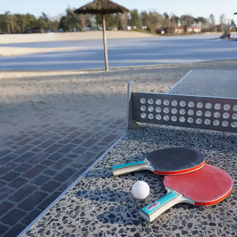 Mehr erfahren Tischtennisschläger und Ball auf einer Steinplatte vor einer Tischtennisplatte am Strand des Südsee-Camps mit Blick auf Sand und Palmen-Schirm